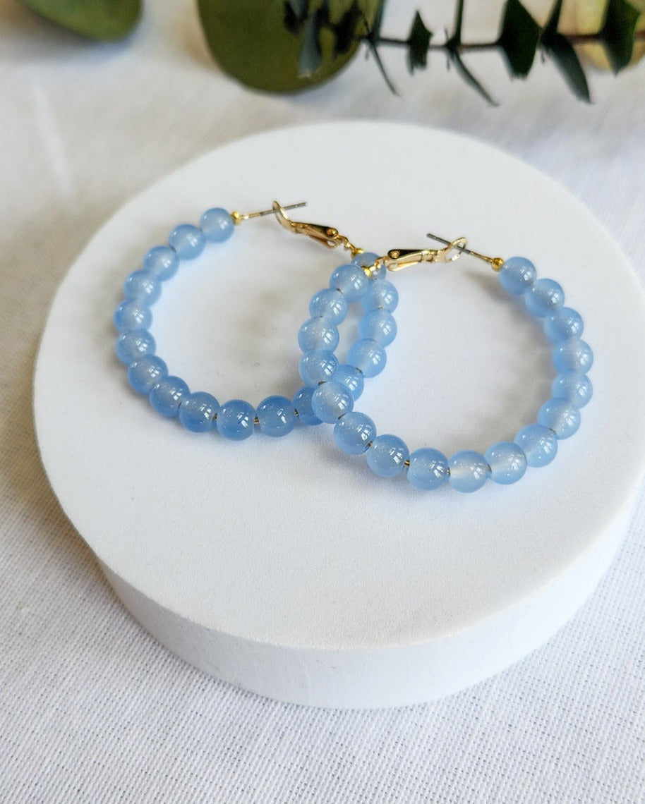 Glass Blue Bead Hoop Earring