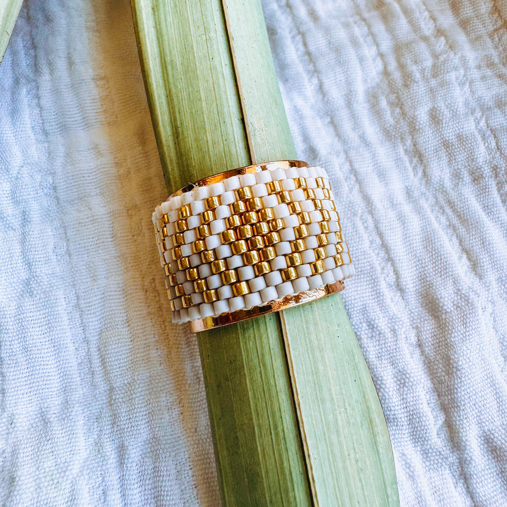 Lexie Beaded Adjustable Ring White, Gold & Gray