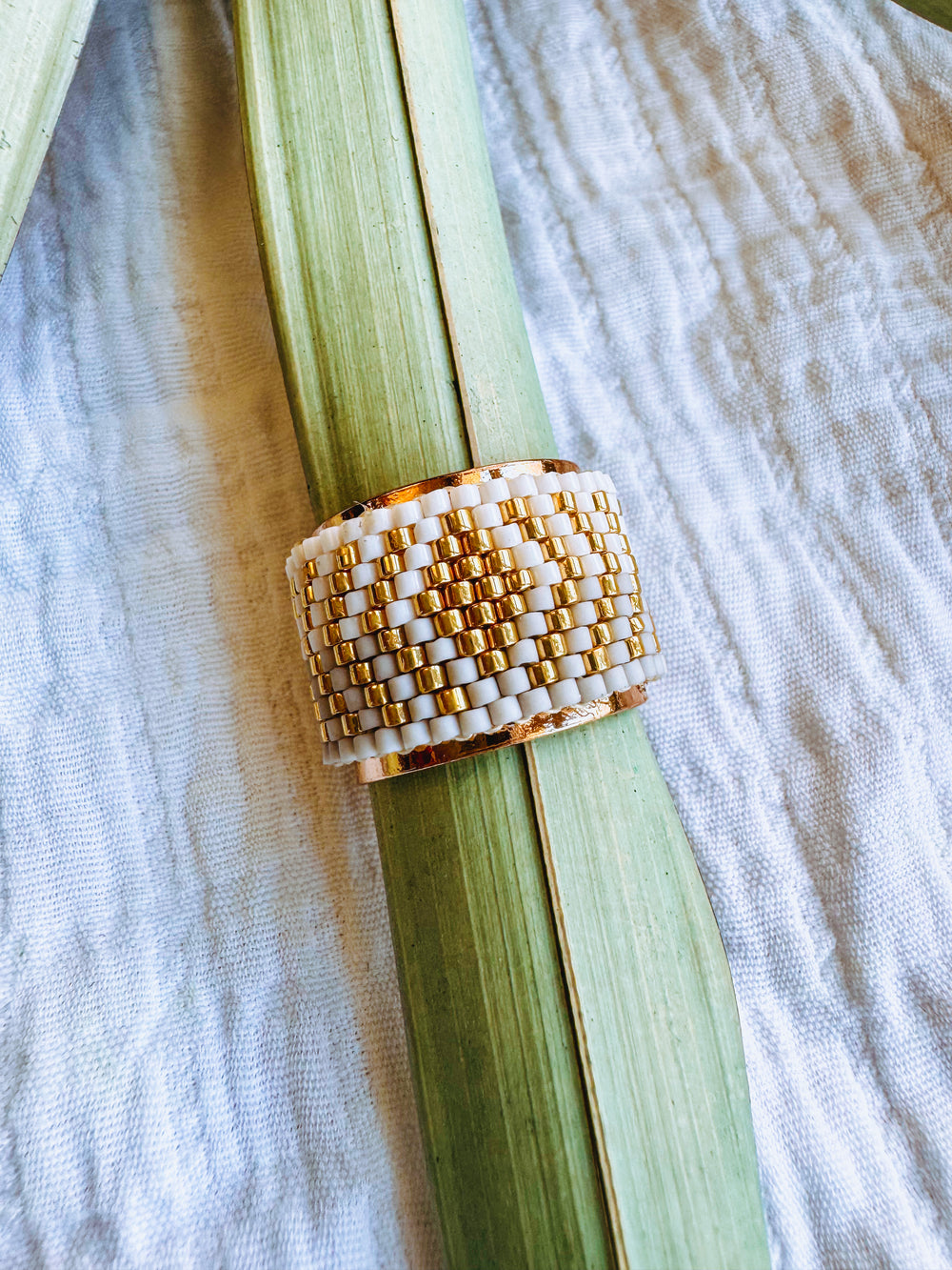 Lexie Beaded Adjustable Ring White, Gold & Gray