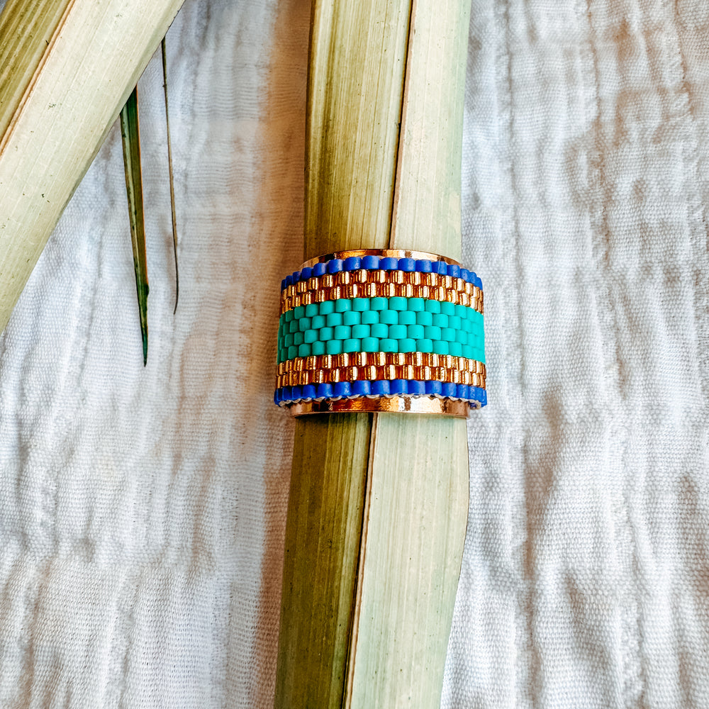 Lexie Beaded Ring Adjustable Blue and Gold