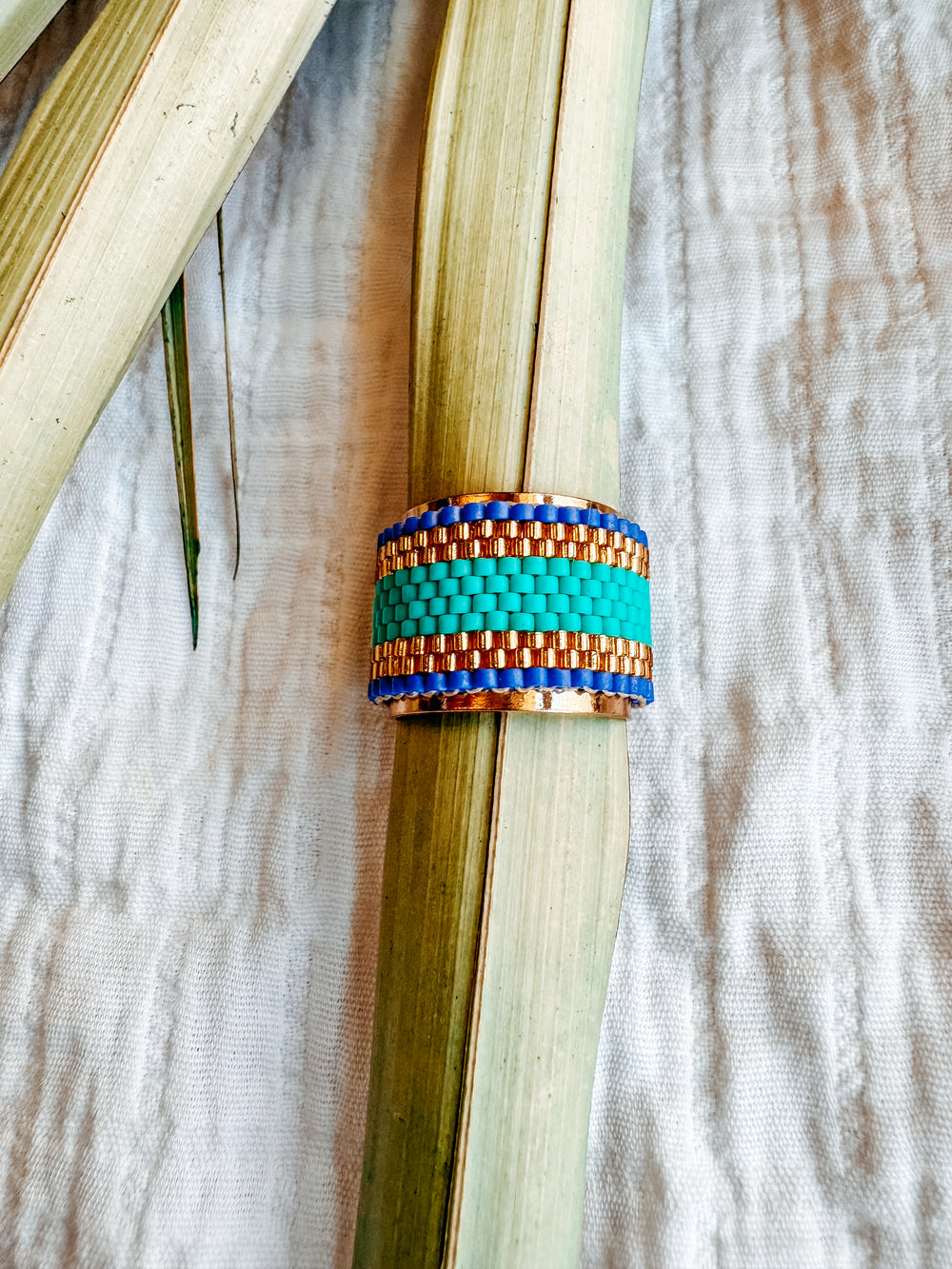 Lexie Beaded Ring Adjustable Blue and Gold