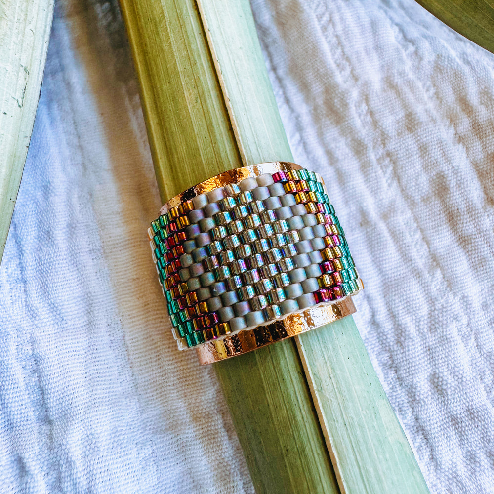 Lexie Beaded Adjustable Ring Green & Brown