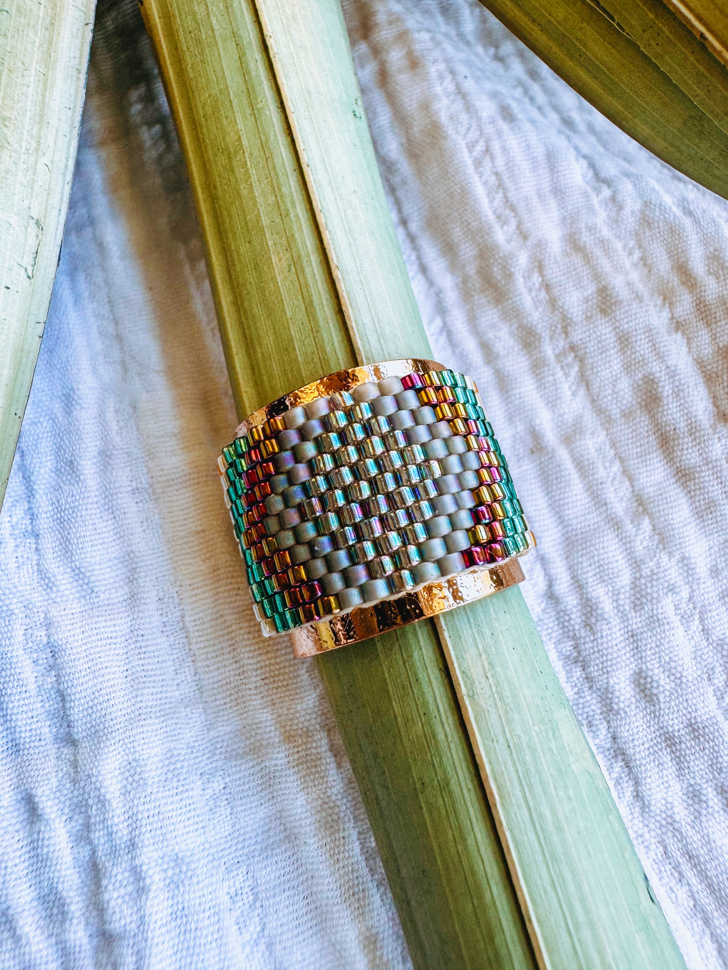 Lexie Beaded Adjustable Ring Green & Brown