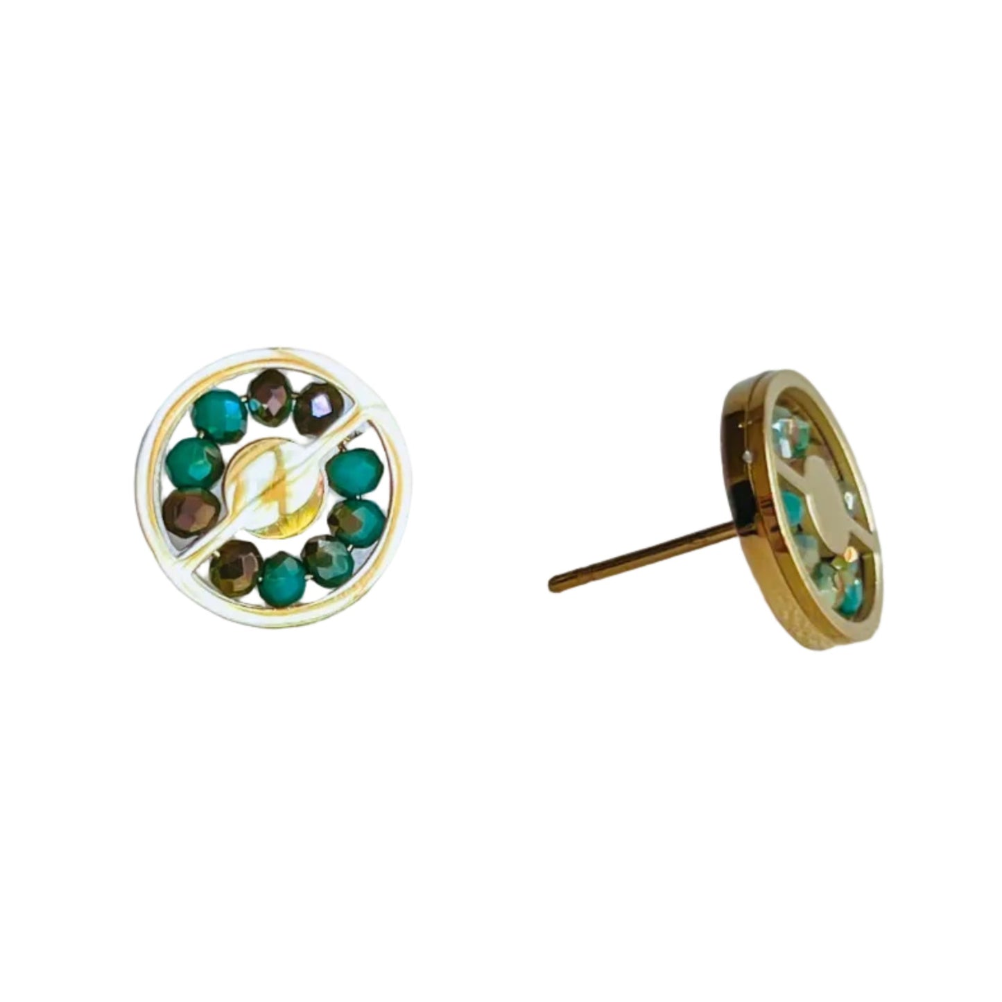Abaco Stud Earrings - Aquamarine Gold earrings with green turquoise gemstones on a light background