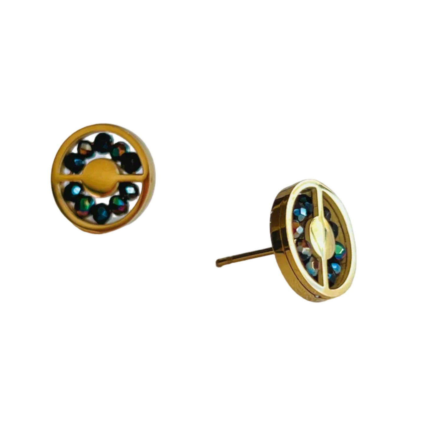 Abaco Stud Earrings - Midnight Gold earrings with purple-ish green gemstones on a light background