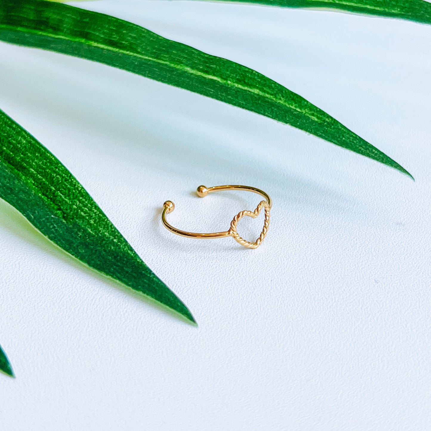 Gold ring on a white surface with green leaves