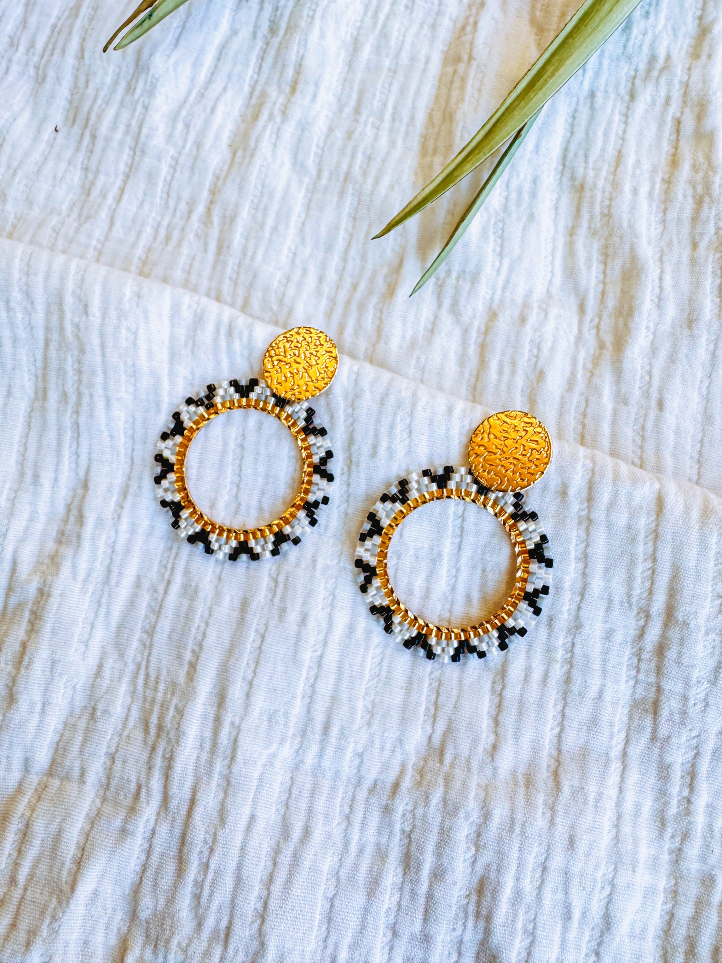 Medium Black and White Beaded Earrings