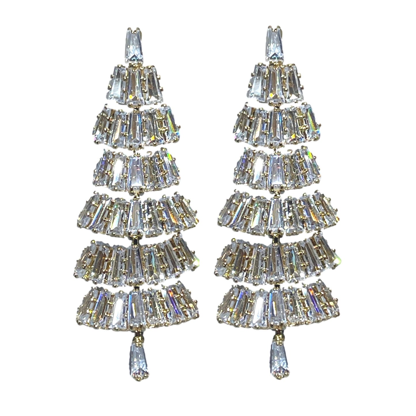 Baguette Crystal Christmas Tree Earrings Pair of diamond earrings on a white background