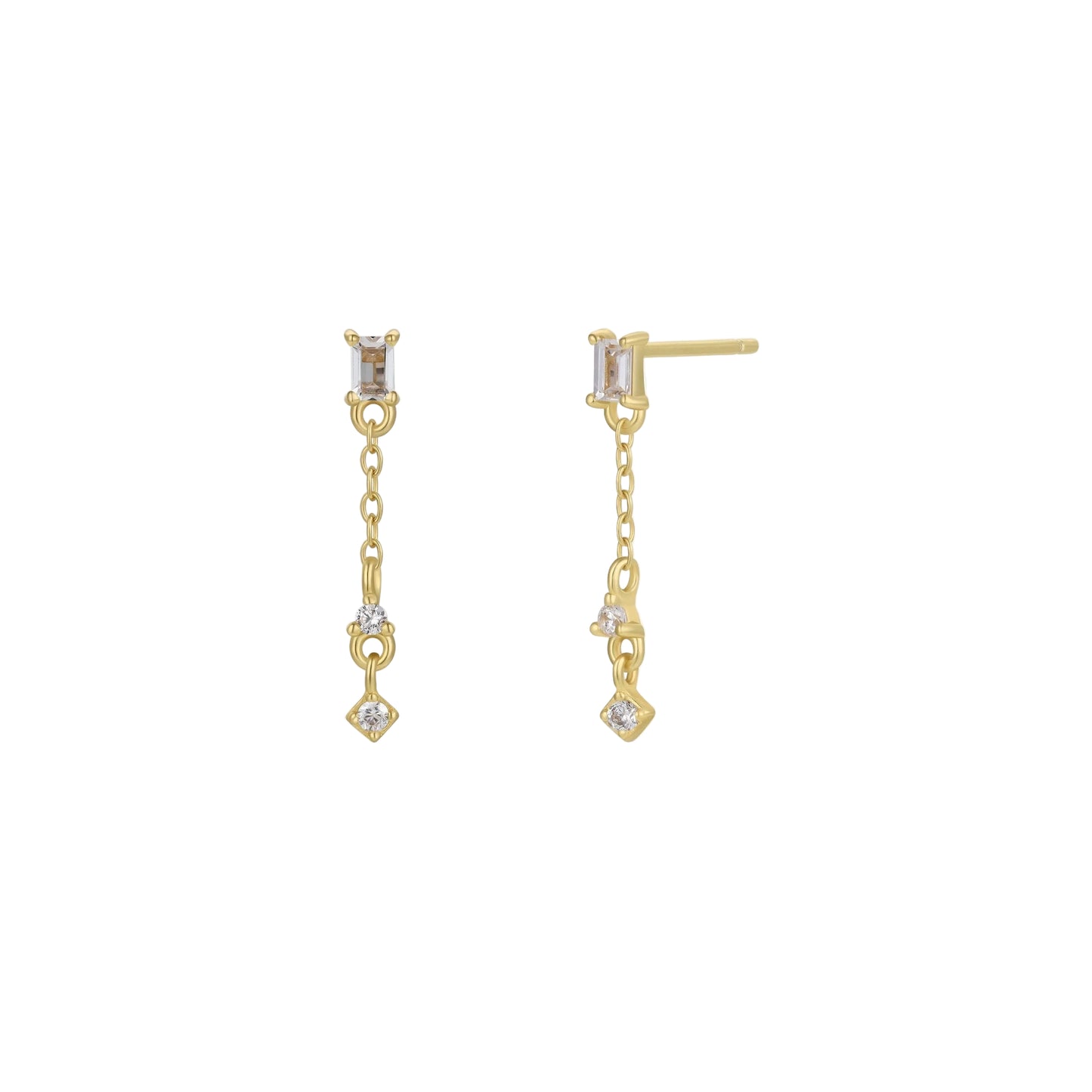 Baguette Drop Earrings - White Gold earrings with clear gemstones on a white background