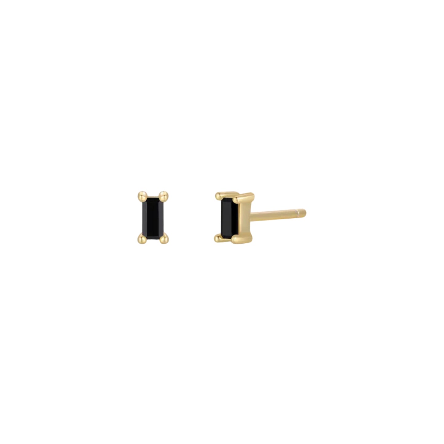 baguette stud Pair of gold and black earrings on a white background
