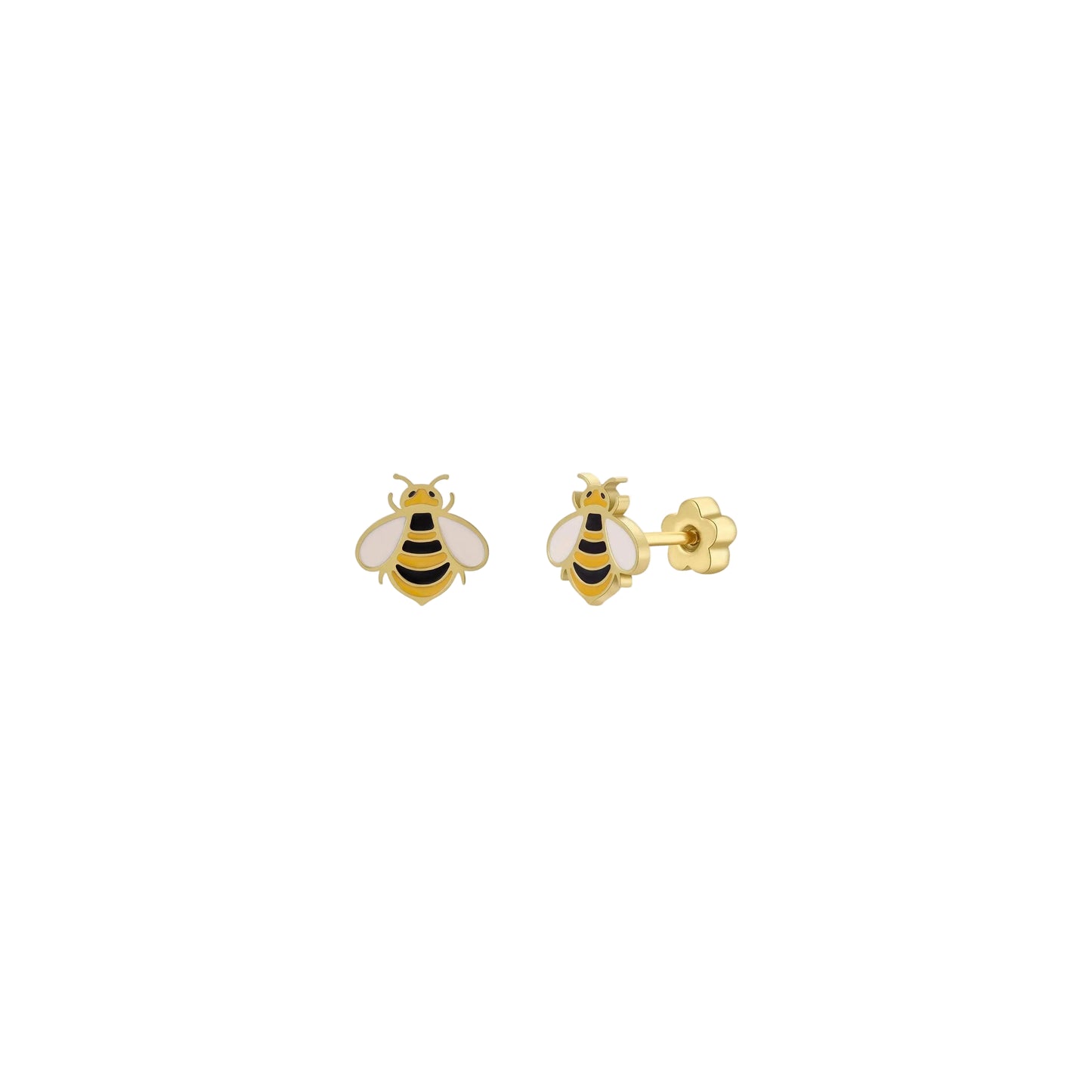 Gold bee-shaped earrings on a white background