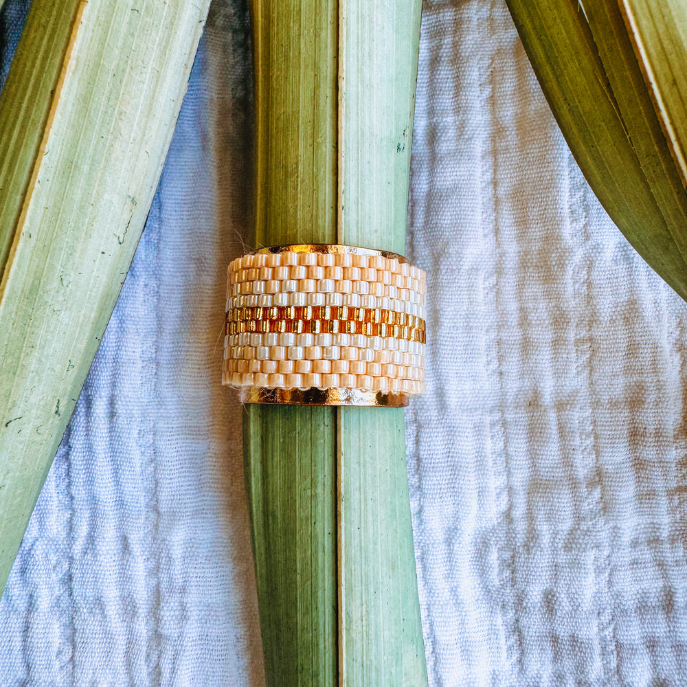 Lexie Beaded Adjustable Ring Beige and Cream