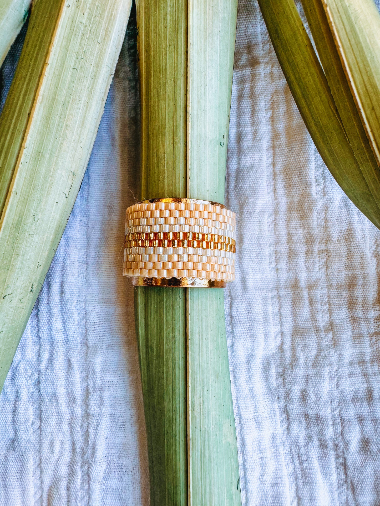 Lexie Beaded Adjustable Ring Beige and Cream