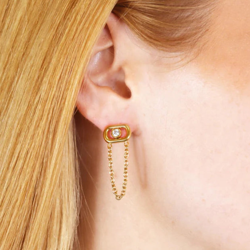 Chain Pendant Earrings Gold chain with pendant earring worn by a person with blonde hair