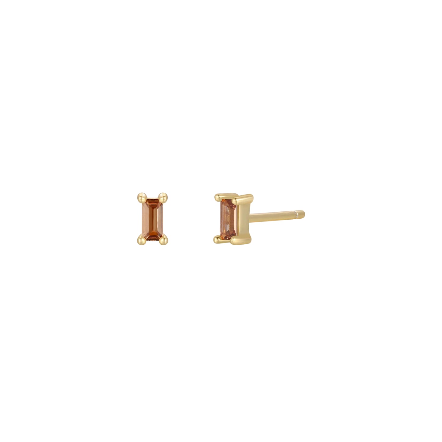Coffee Baguette Gold Earrings with brown gemstones on a white background