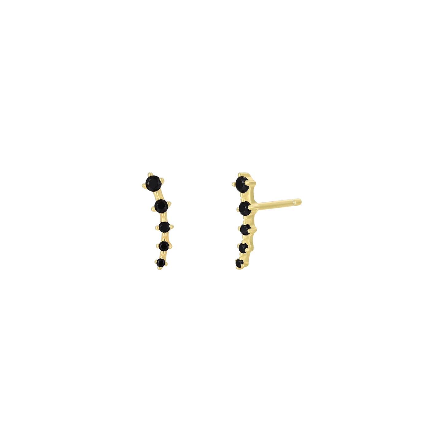Pair of gold and black small gemstone in a line stud earrings on a white background