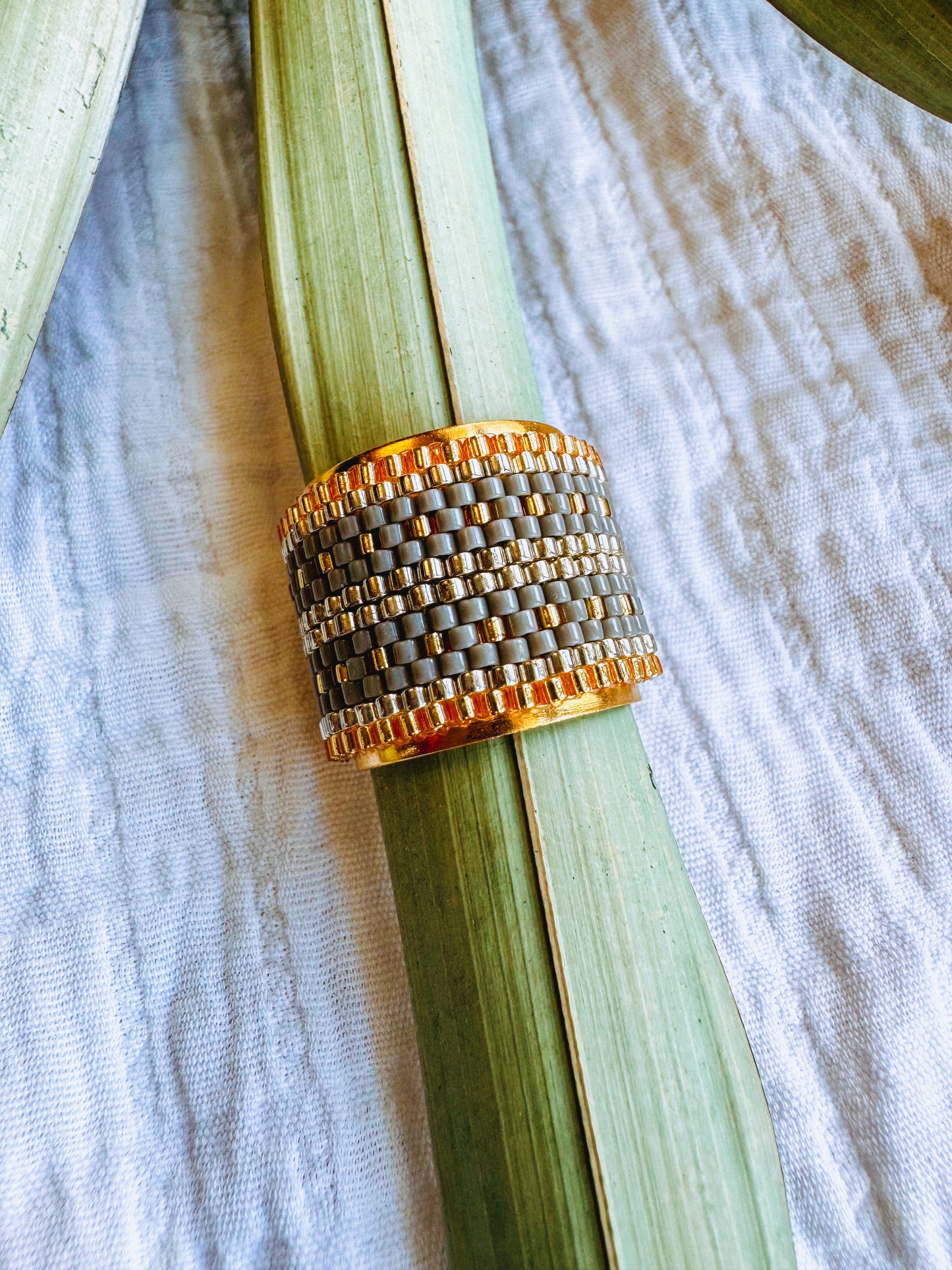 Lexie Beaded Adjustable Ring Gray & Gold