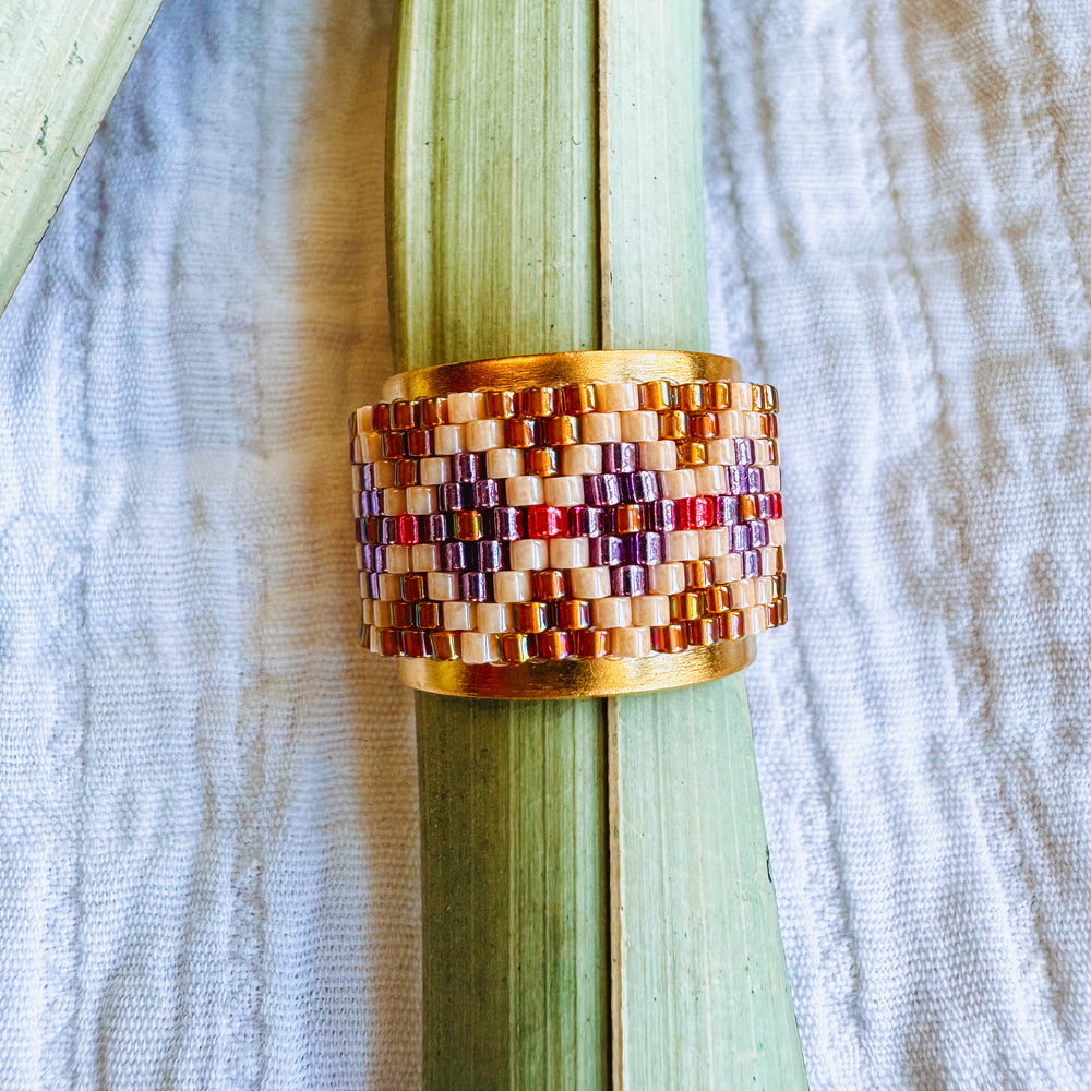 Lexie Beaded Adjustable Ring Brown & Purple