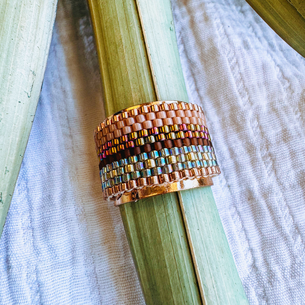 Lexie Beaded Adjustable Ring Brown & Holographic