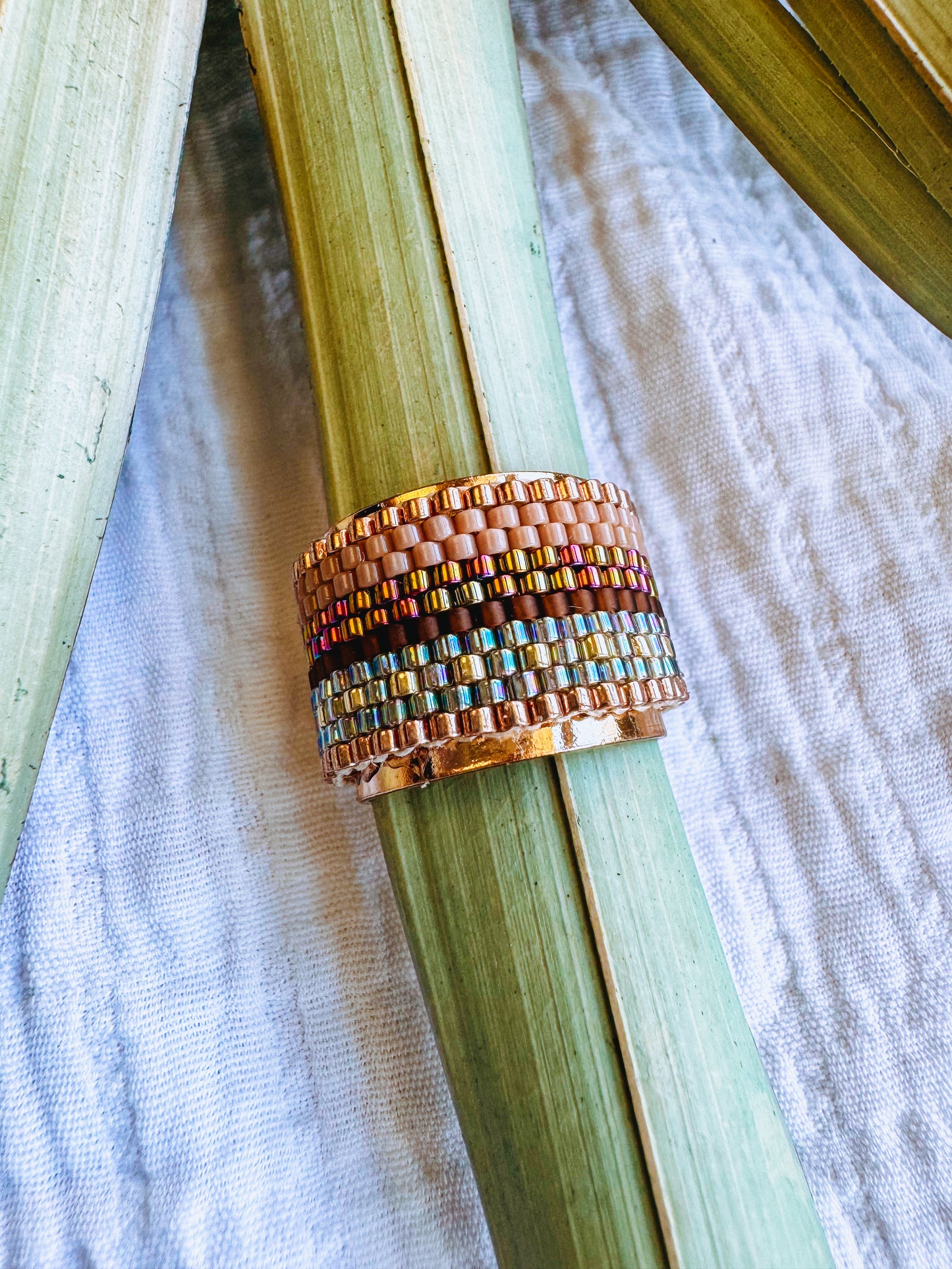 Lexie Beaded Adjustable Ring Brown & Holographic