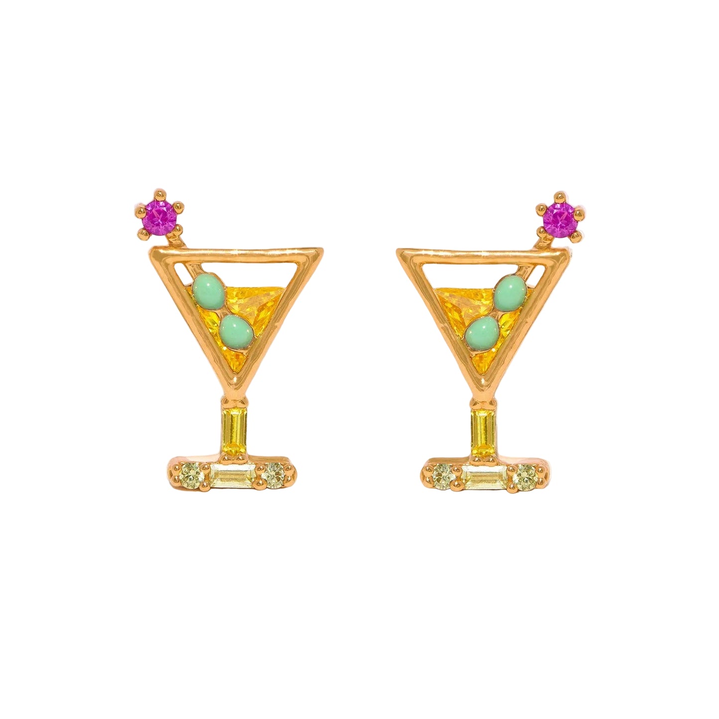 Dirty Martini Studs: Gold martini glass earrings with colorful gemstones on a white background
