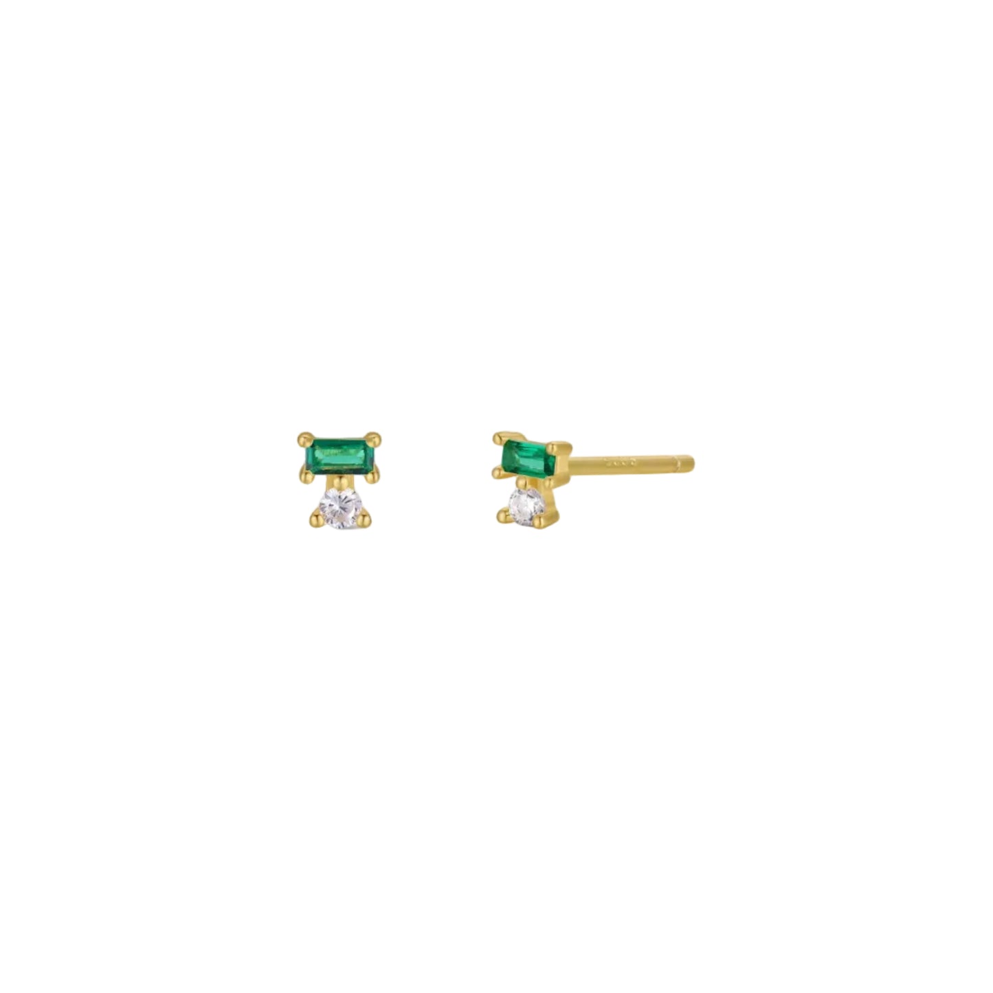 Double Gold Stud Stack - Emerald Pair of gold earrings with green gemstones on a white background