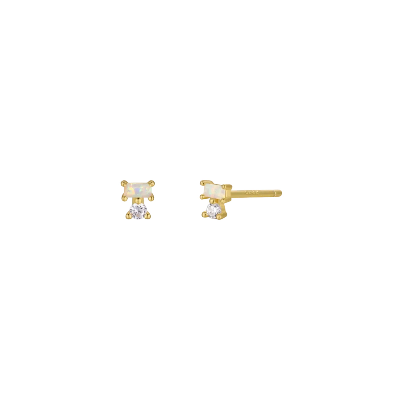 Double Stack Gold Stud - Opal White Gold stud earrings with clear gemstones on a white background