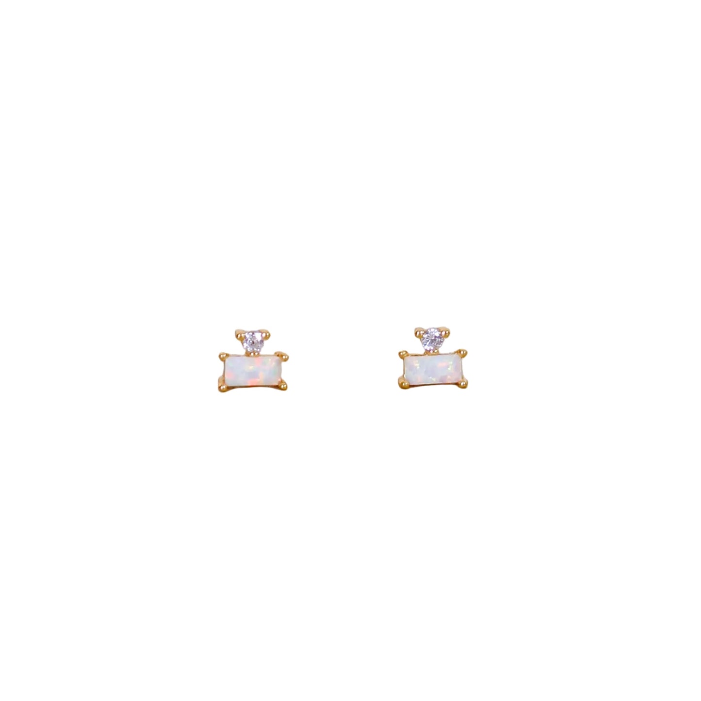 Double Stack Gold Stud - Opal White Pair of gold earrings with white stones on a white background