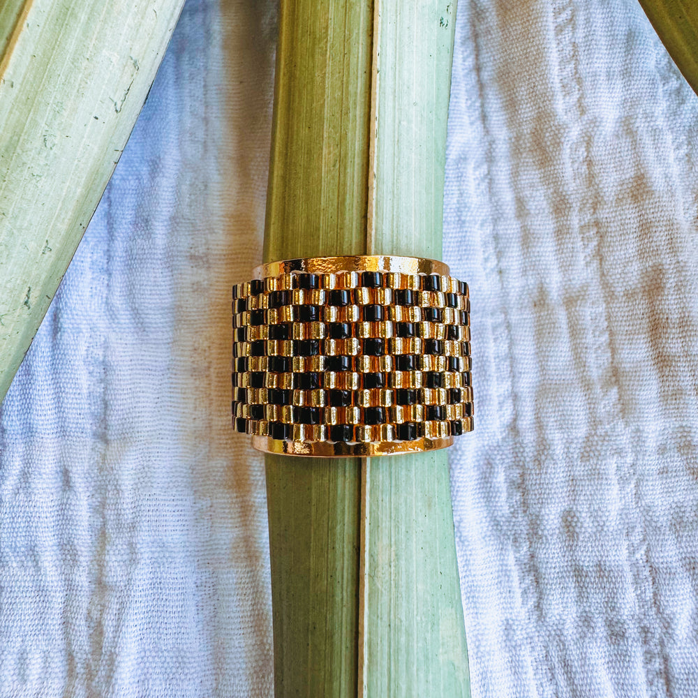 Lexie Beaded Adjustable Ring Gold & Black