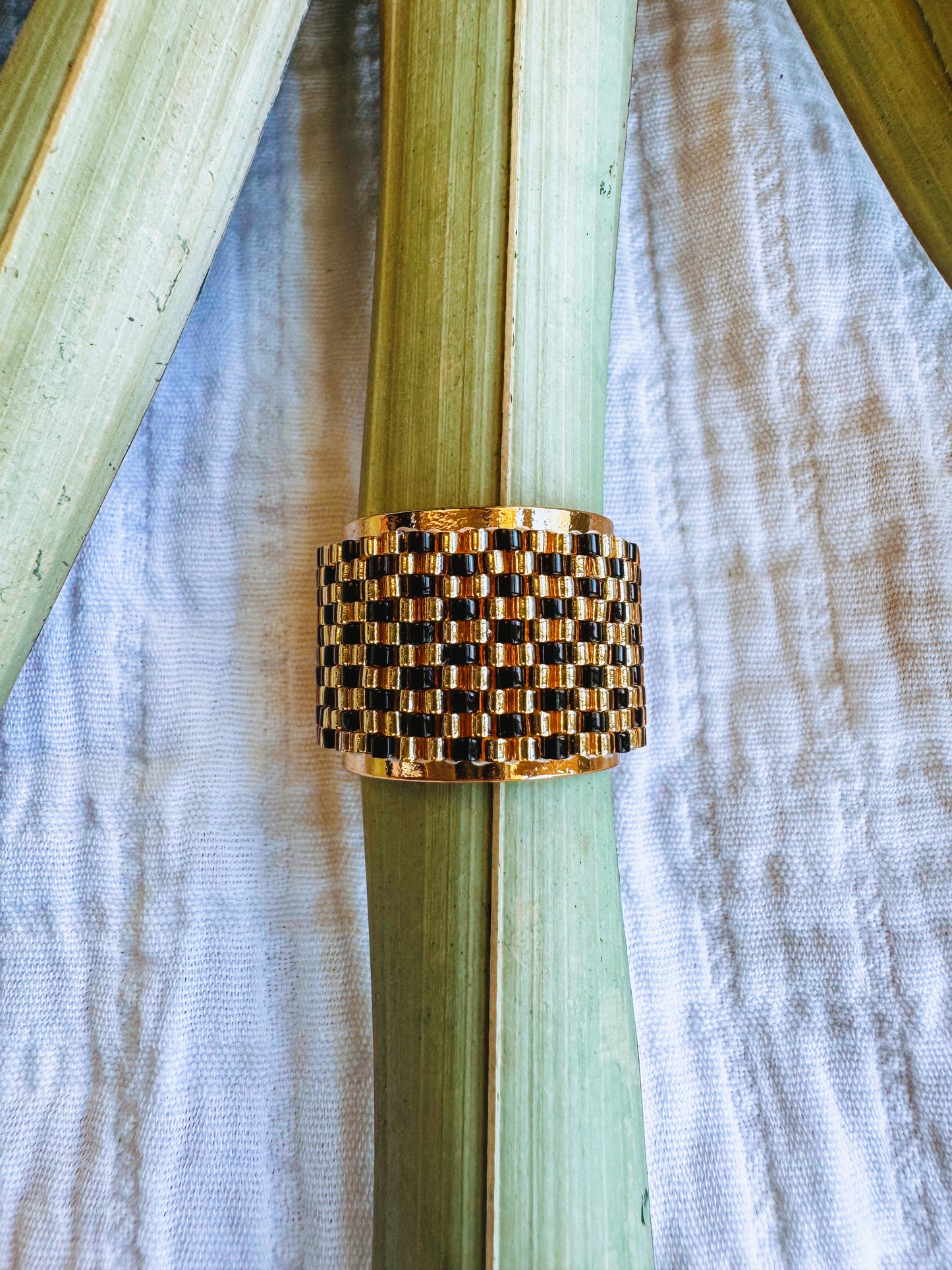 Lexie Beaded Adjustable Ring Gold & Black