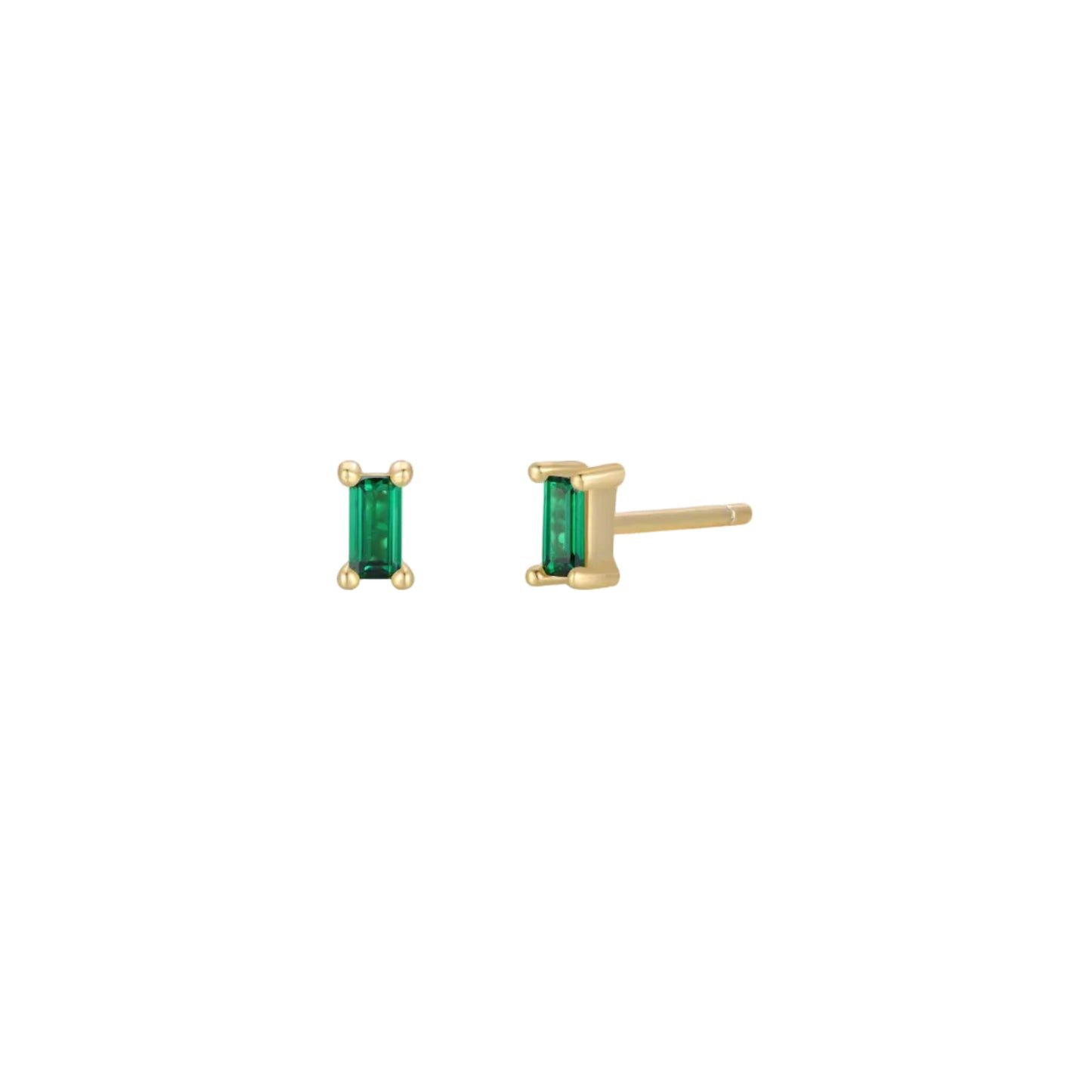 Emerald Baguette Gold Earrings on a white background