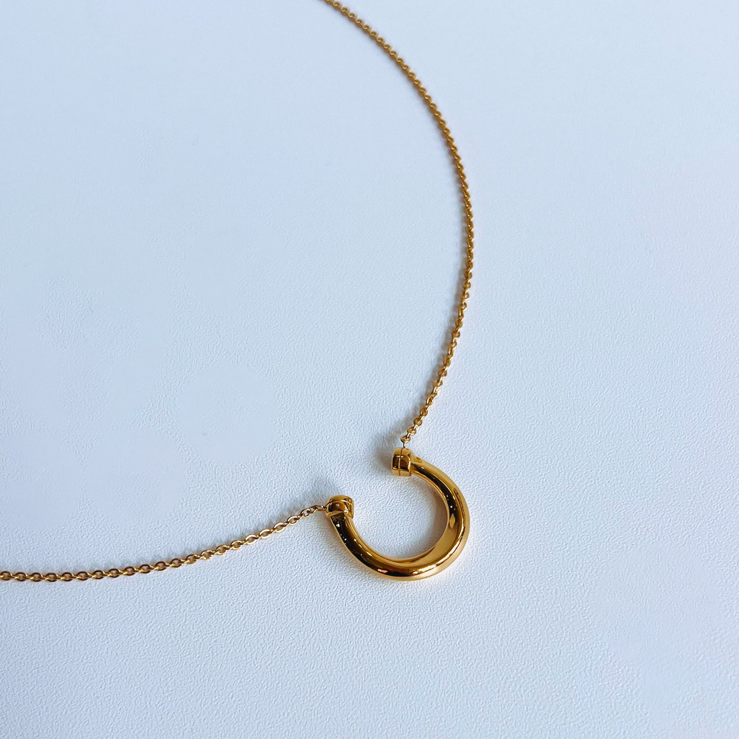 Gold Horseshoe Necklace Gold necklace with a moon horseshow pendant on a light background
