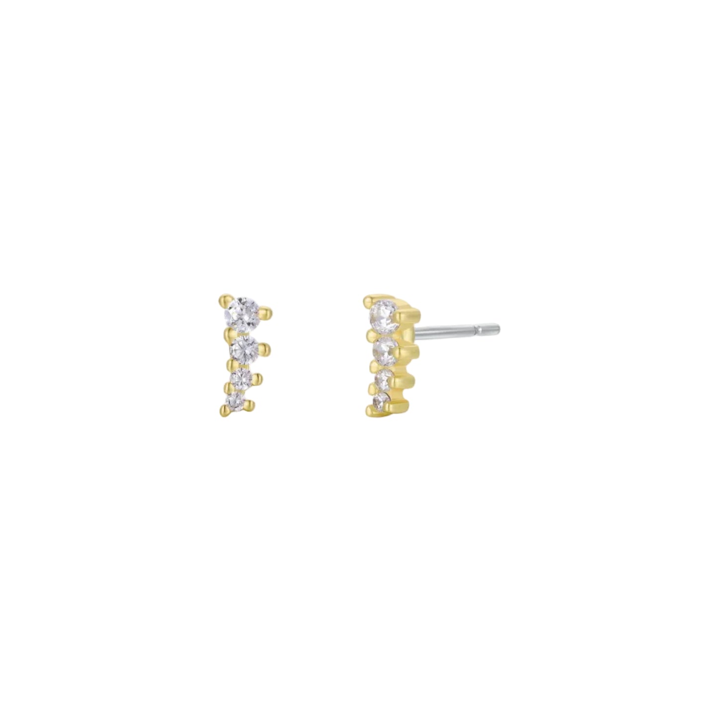 Pair of gold and clear cz stone stud earrings on a background