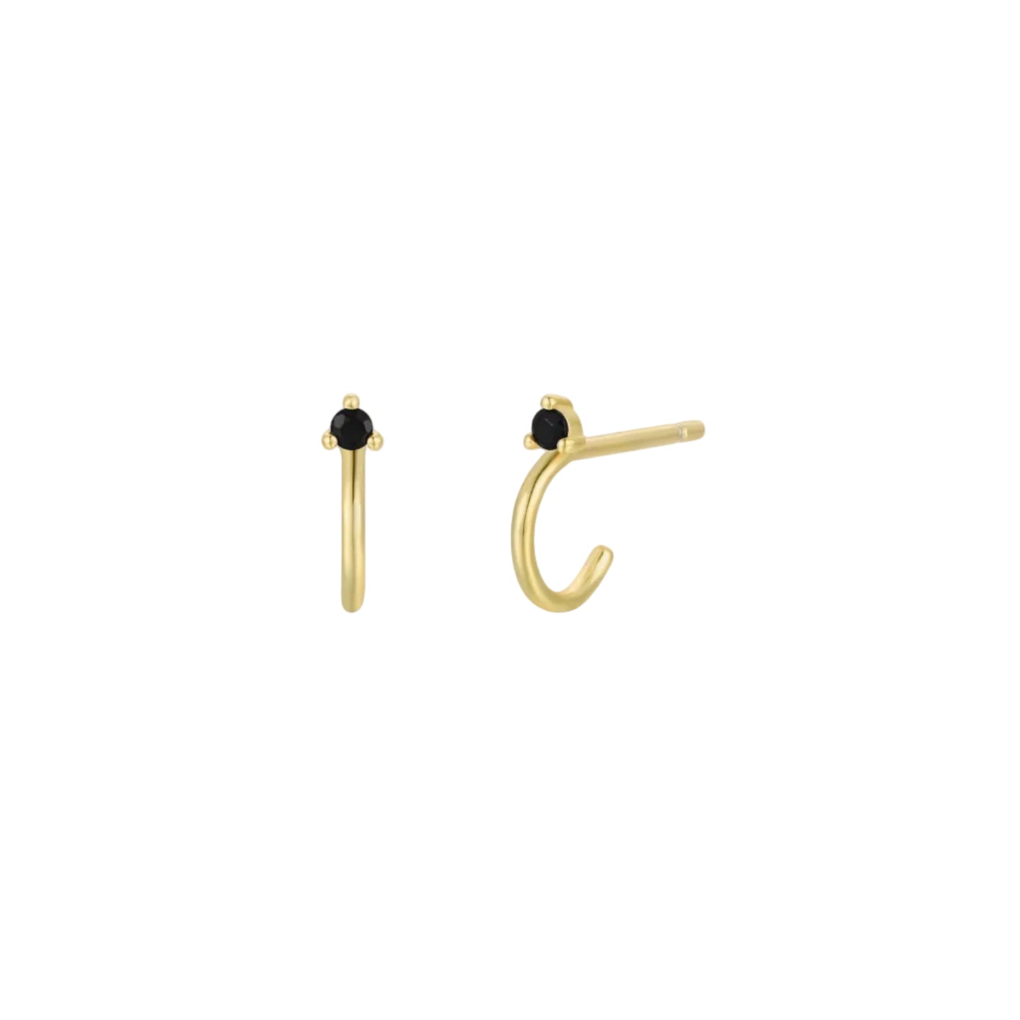Gold Mini Hoop Earrings - Black Gold hoop earrings with black gemstones on a white background