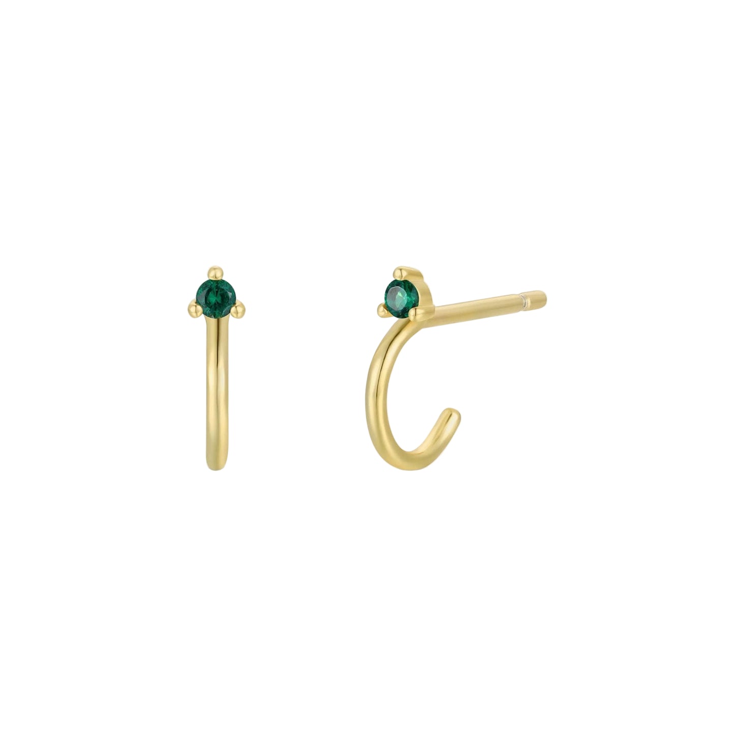 Gold Mini Hoop Earrings - Emerald Gold hoop earring with green gemstones on a white background