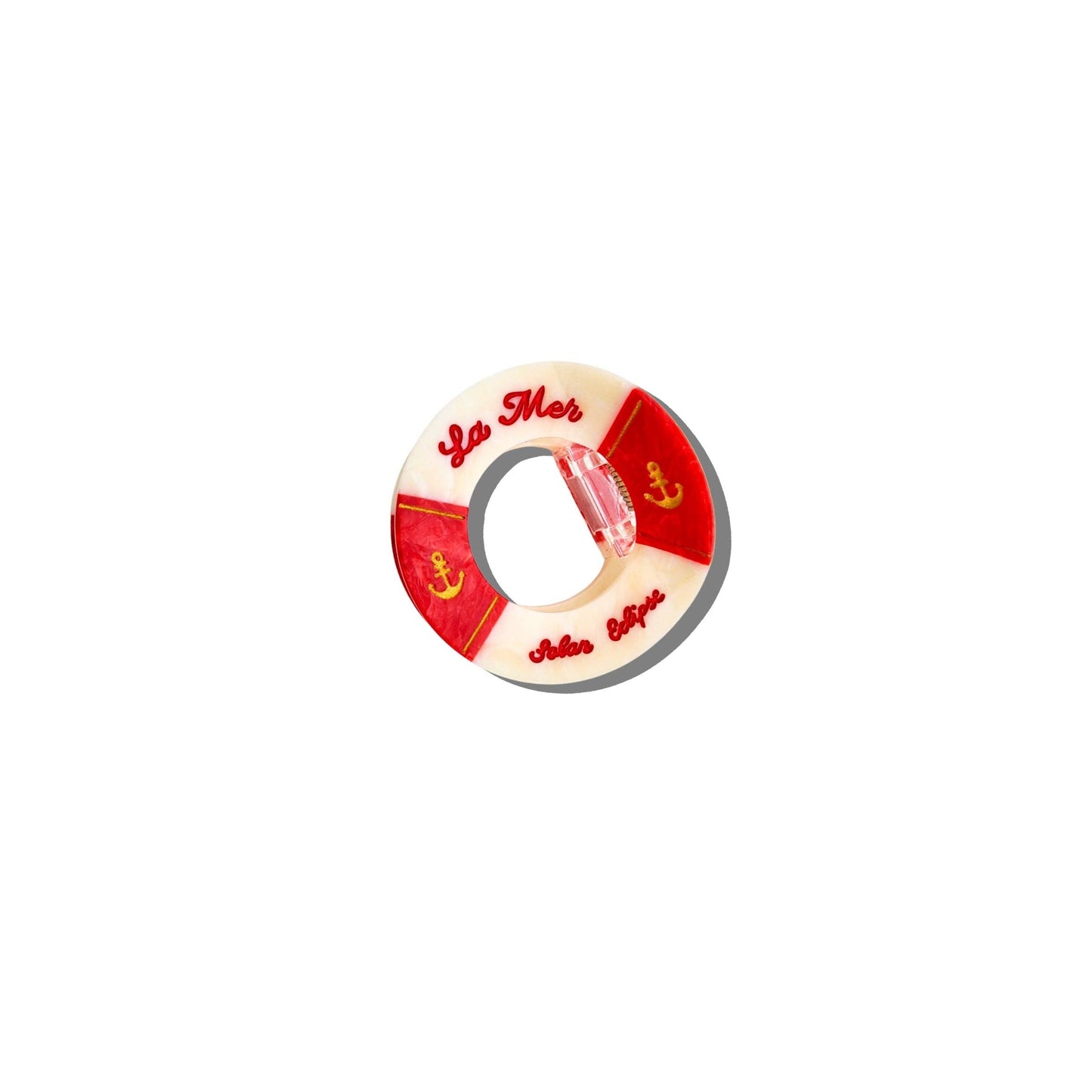 Hand- painted red and white life buoy claw hair clip with 'La Mar' branding on a white background