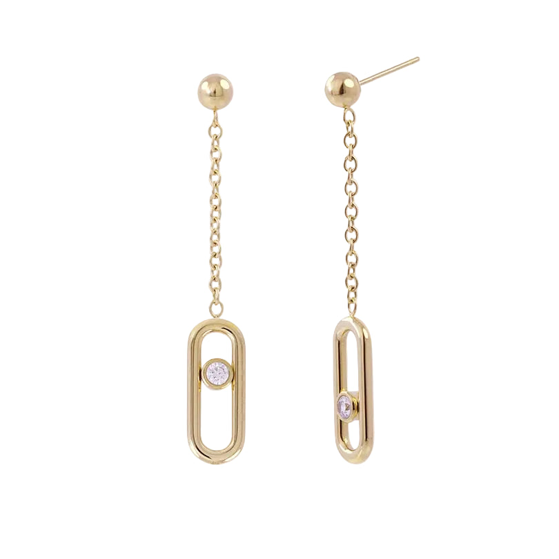 Hanging Pendants Earrings Gold earrings with chain and round gemstones on a white background