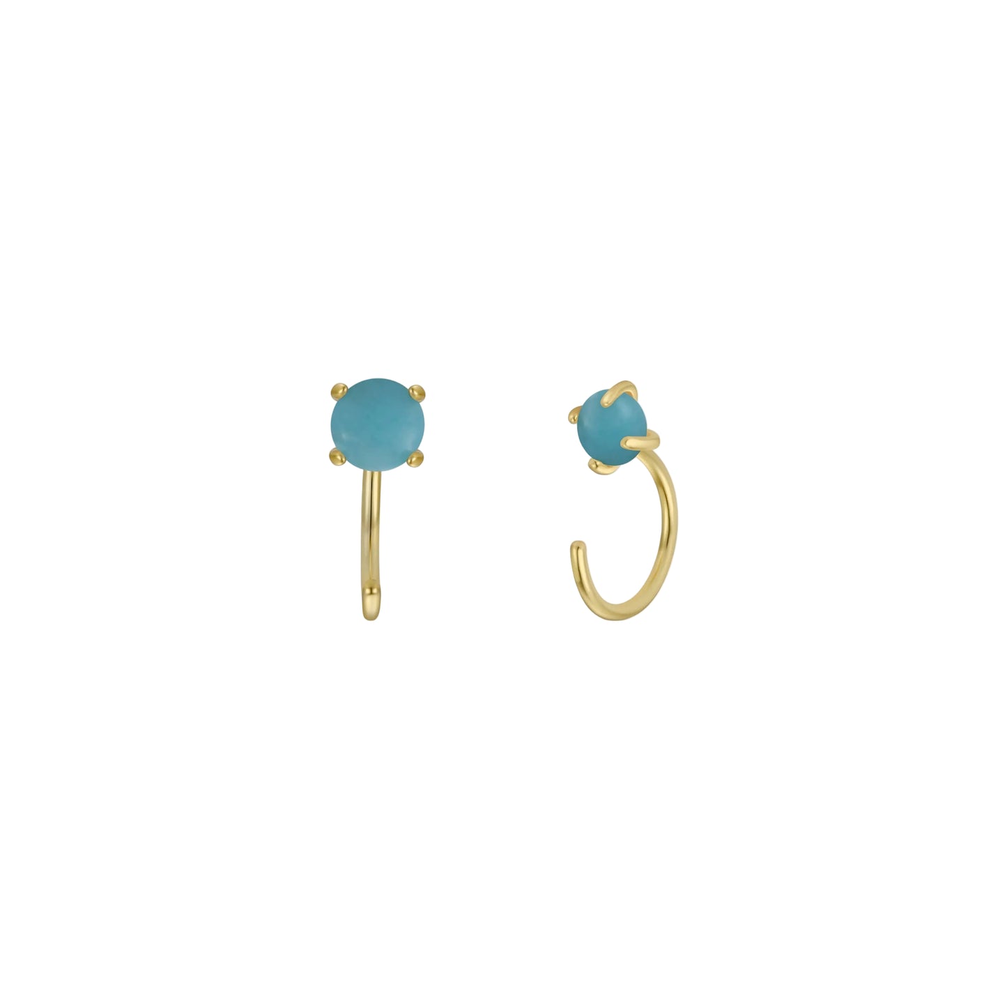 Huggies Earrings - Amazonite Gold earrings with turquoise stones on a white background