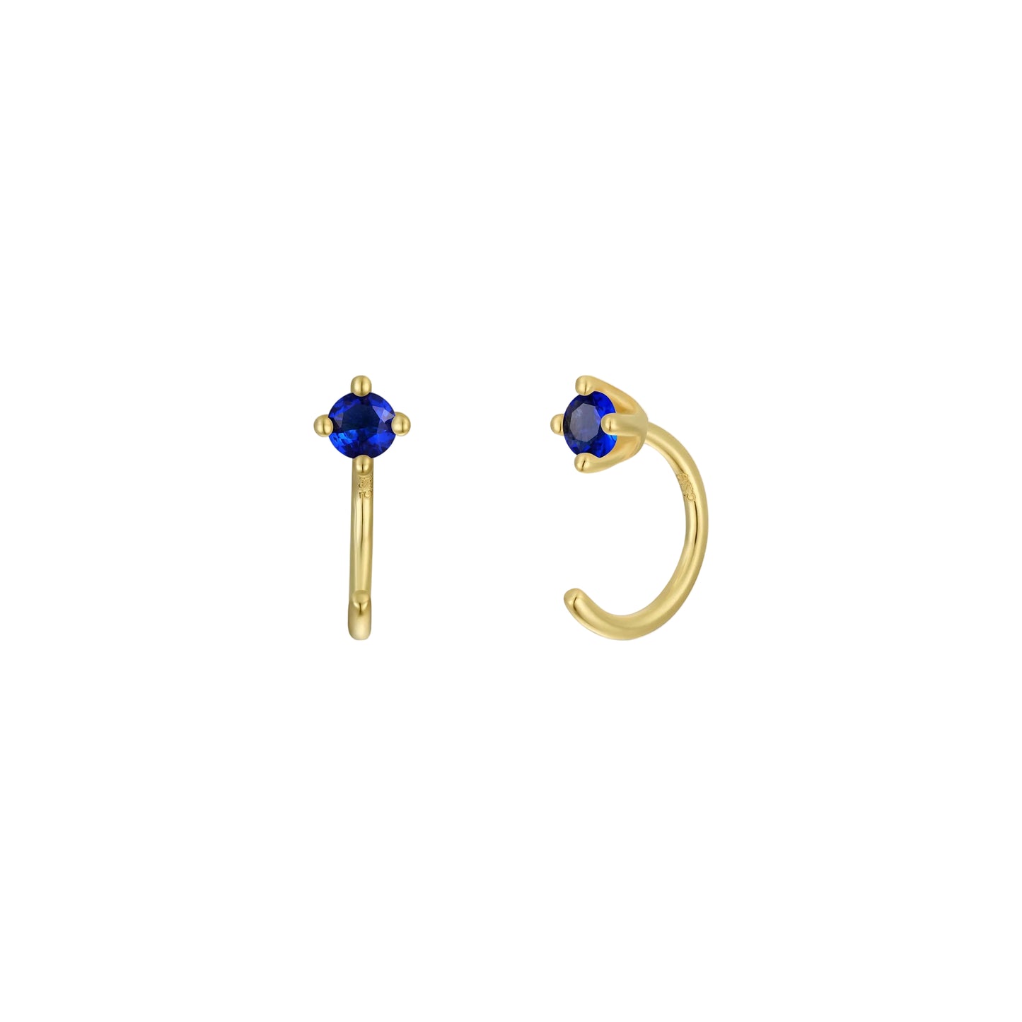 Huggies Gold Earrings - Sapphire Gold open hoop earring with blue gemstones on a white background