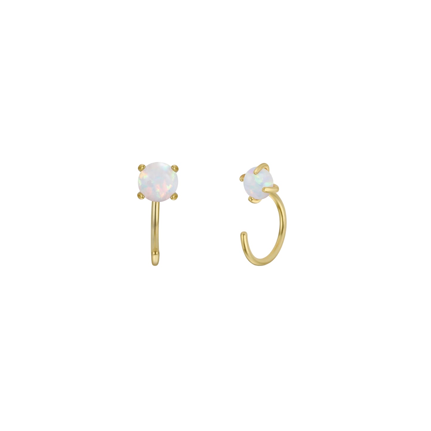 Huggies Gold Earrings - White Opal Gold earrings with opal stones on a white background