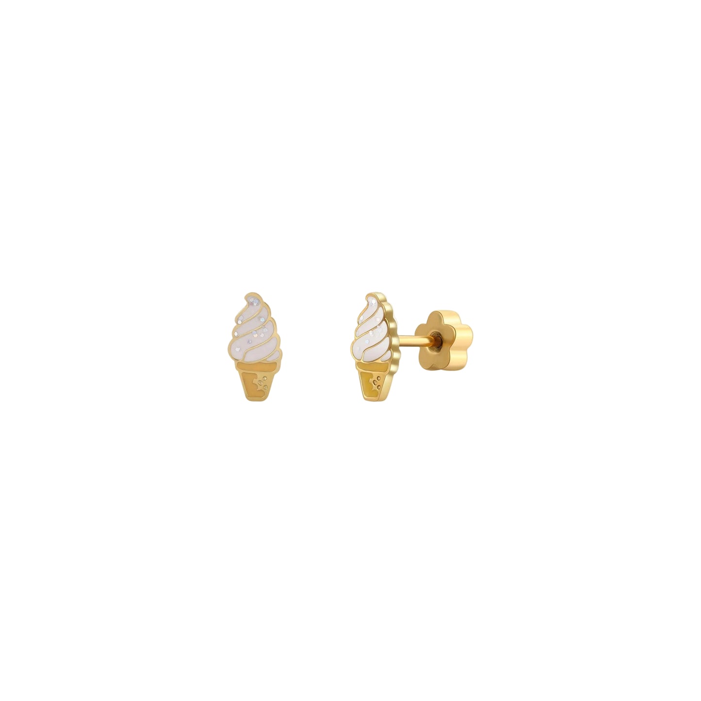 Gold ice cream cone earrings on a white background - Ice Cream Flat Back Kids Earrings