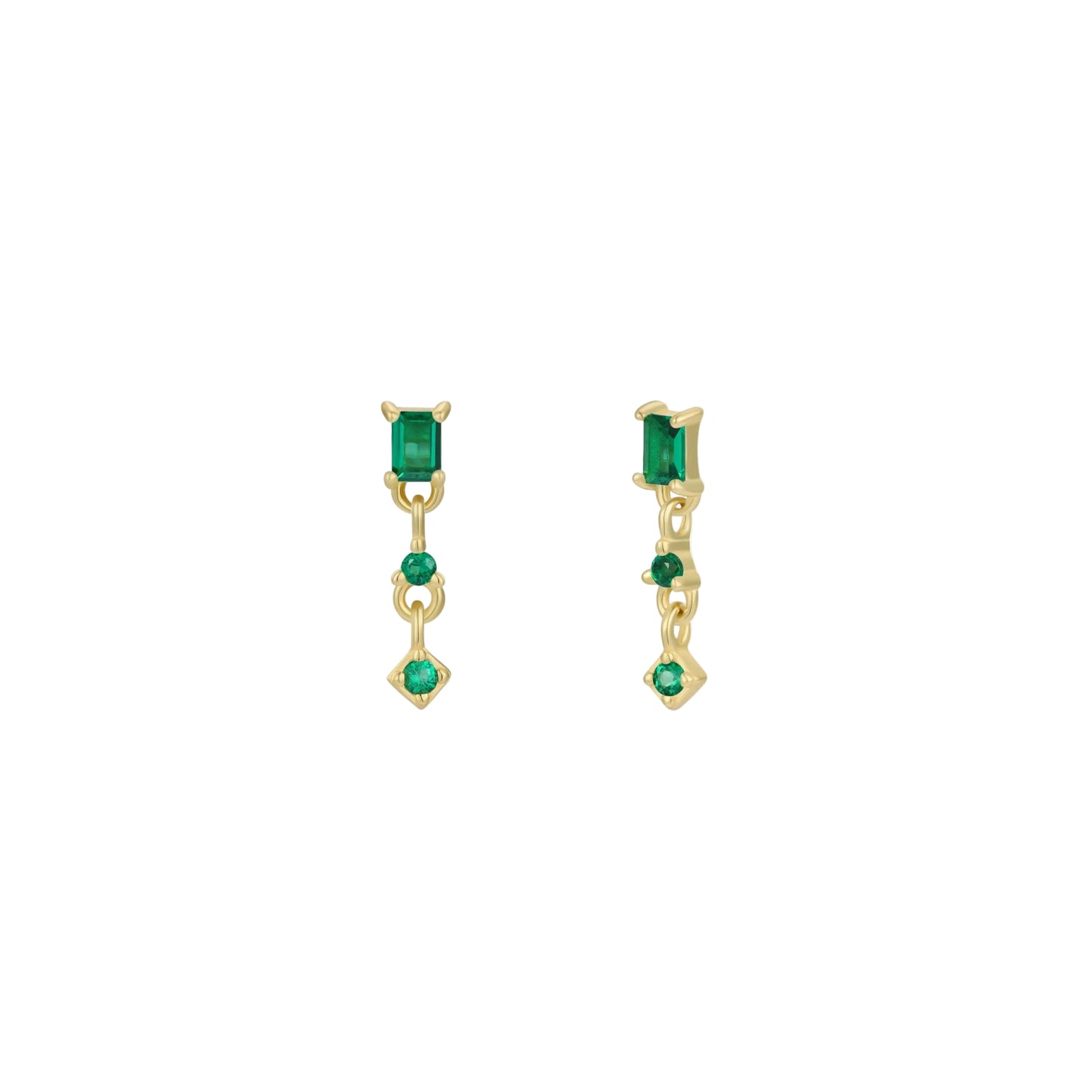 Mini Baguette Drop Earrings - Emerald Gold earrings with green gemstones on a white background