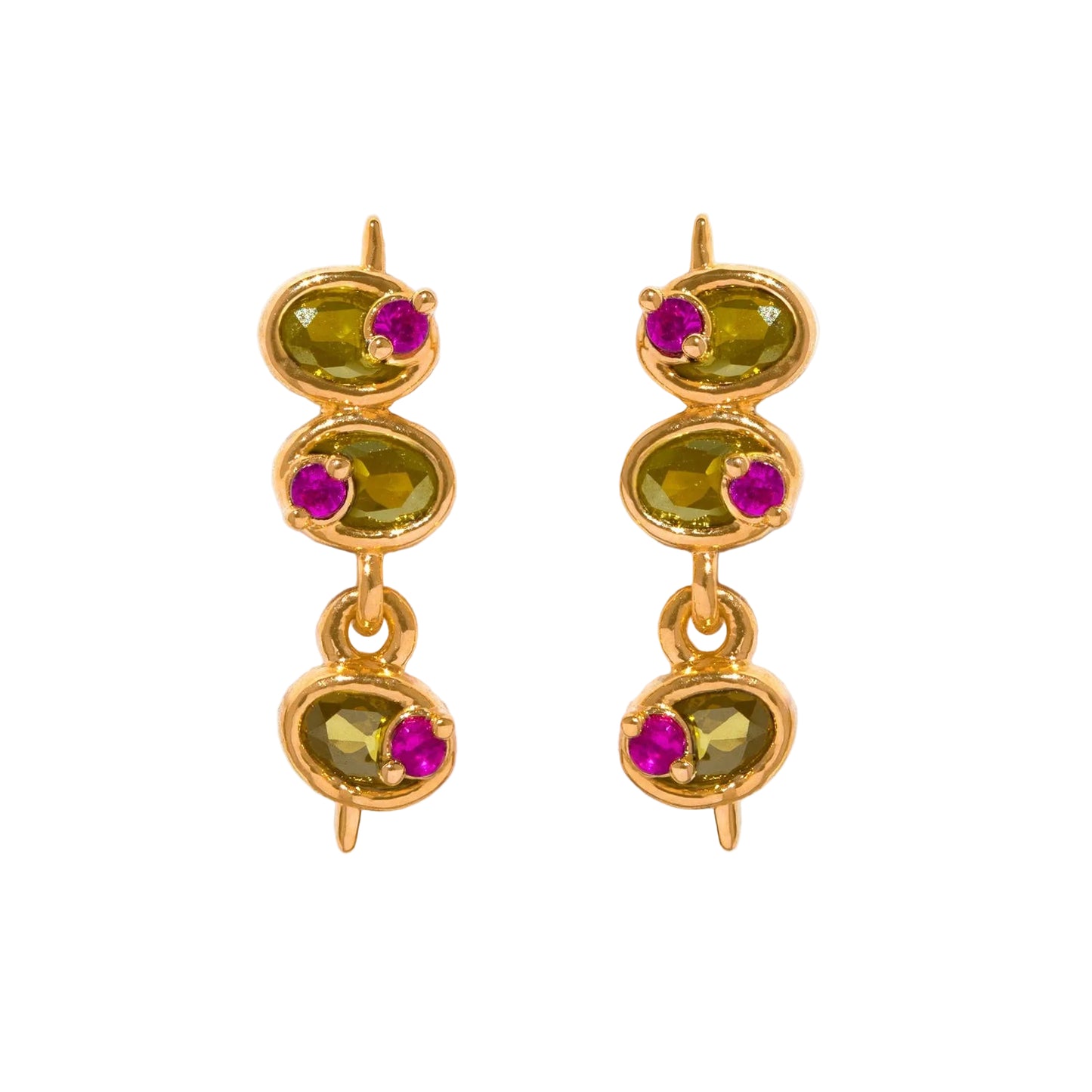 Mini Olive Studs: Gold plated Gold earrings with green and red olive gemstones on a white background