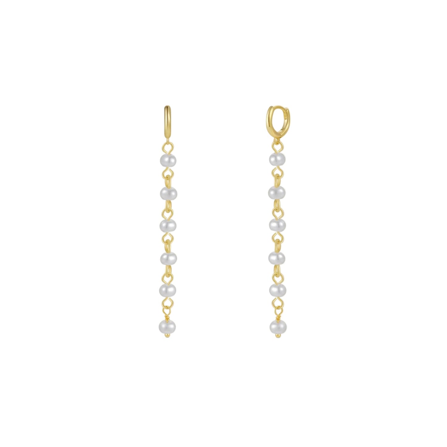 Gold and pearl long drop hoop earrings on a white background