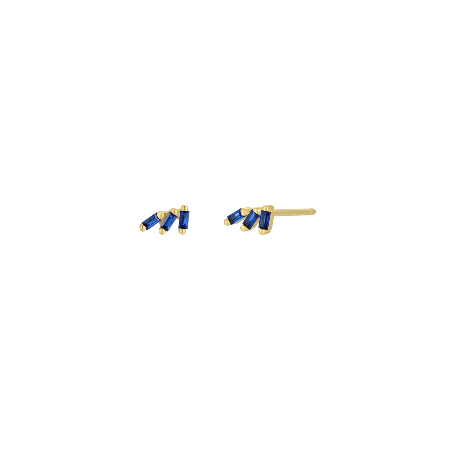Offset Trio Gold Earrings - Sapphire Pair of gold earrings with blue stones on a white background