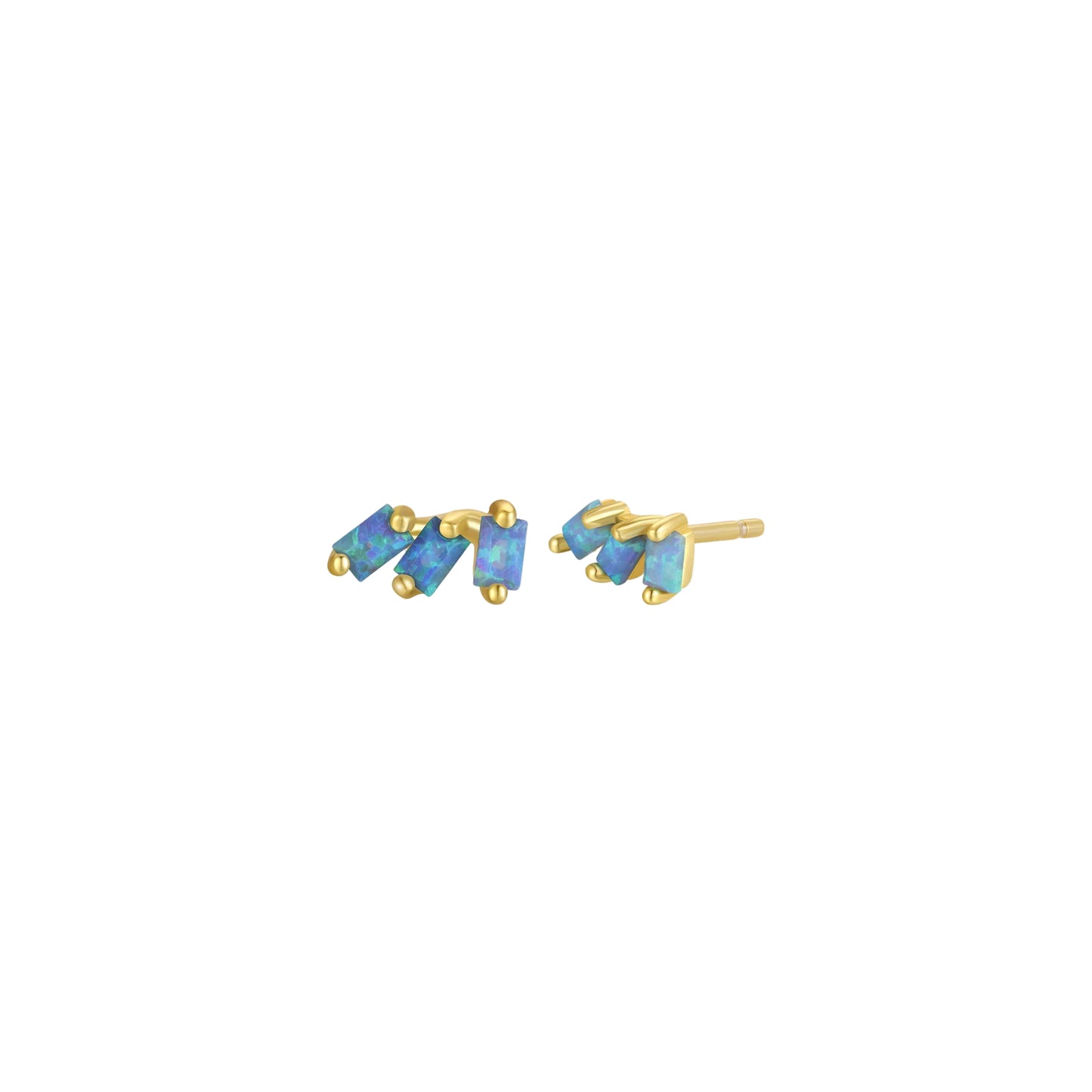 Offset Trio Stud - Fire Opal Pair of gold earrings with blue stones on a white background
