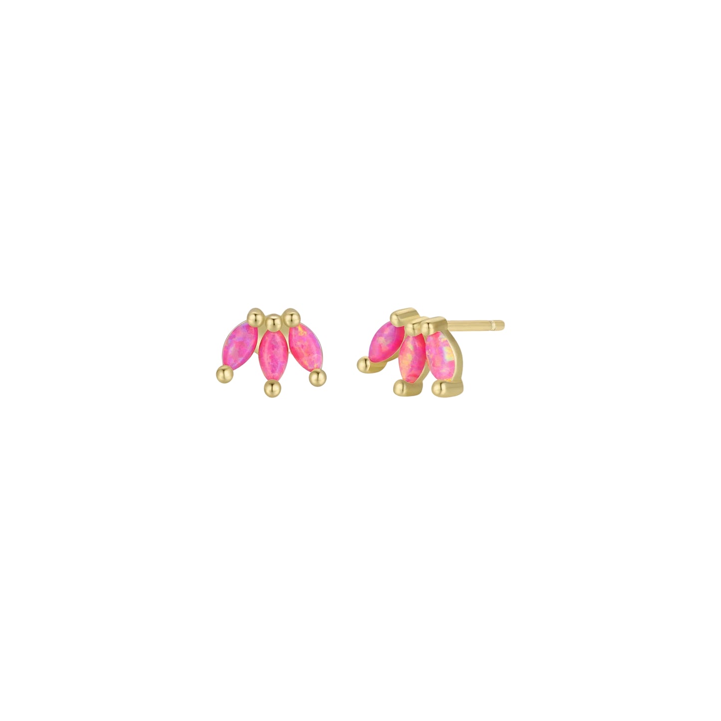 Opal Crown Gold Studs - Pink Pair of pink gemstone earrings with gold accents on a white background