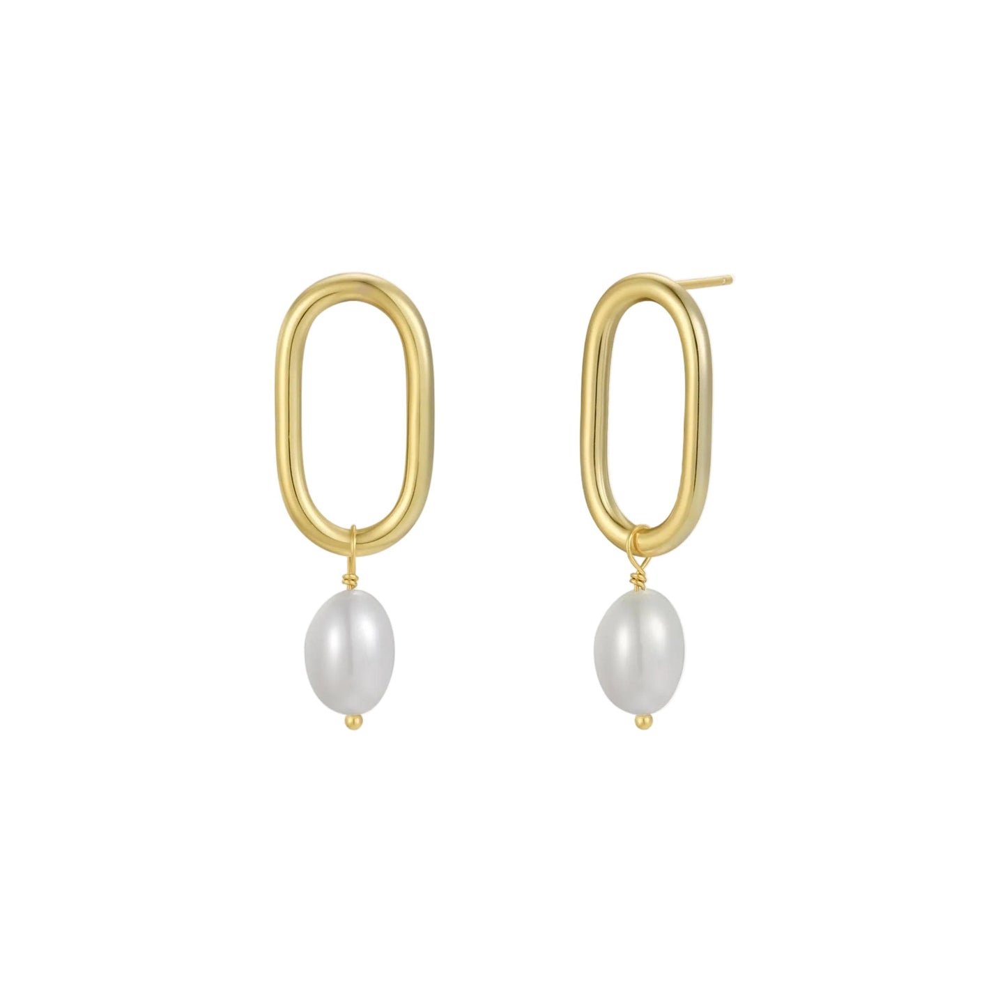 Oval Pearl Drop Gold hoop stud earrings with pearl drops on a white background