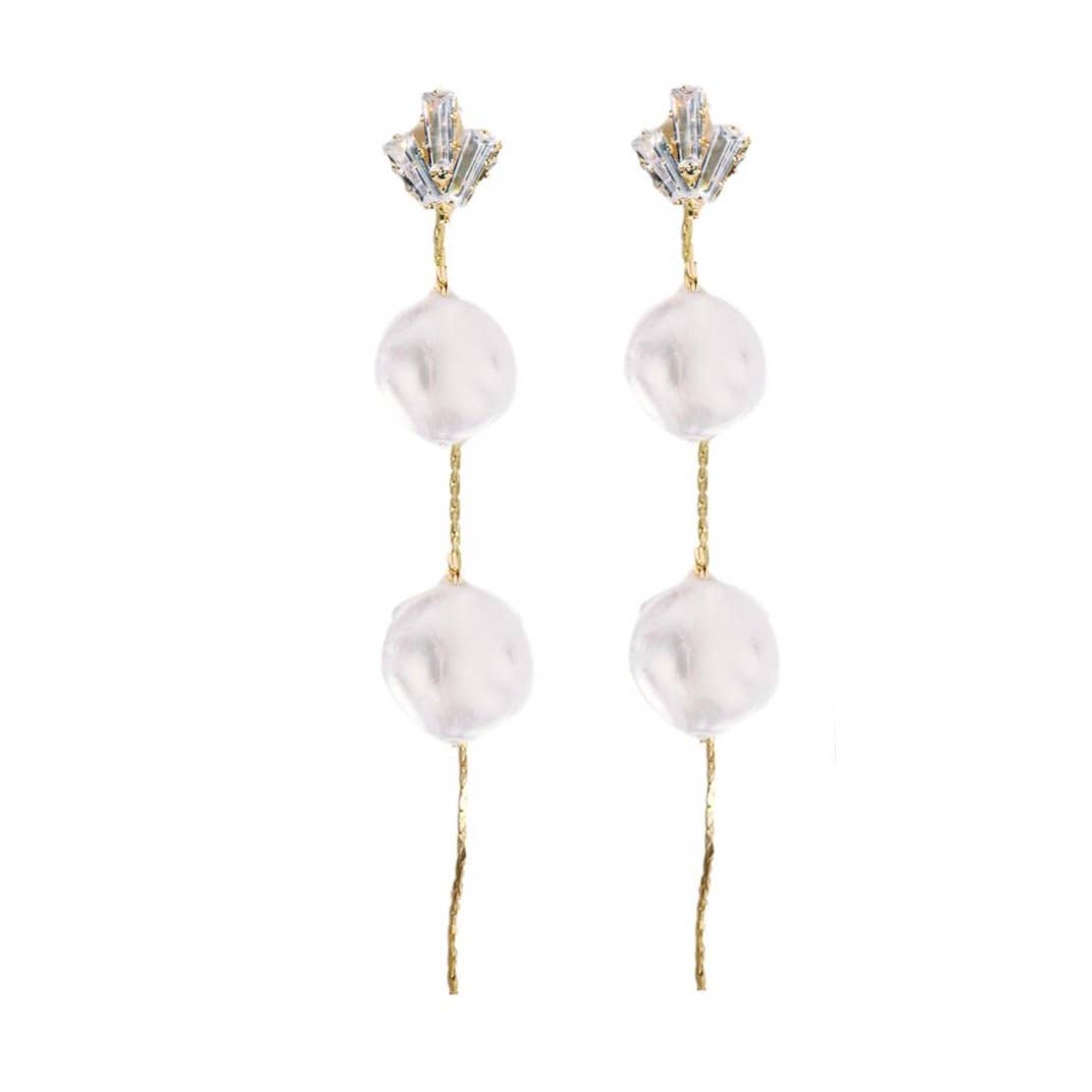 Pearl and Diamond Drop Earrings Pair of drop pearl earrings with crystal accents at the top on a white background
