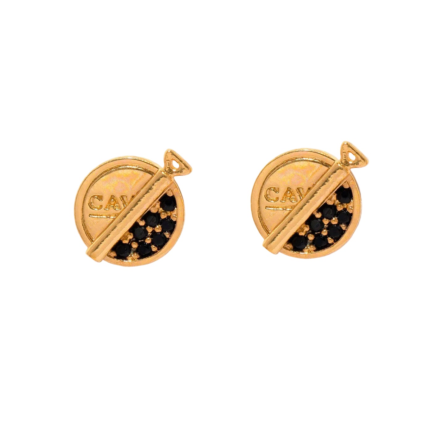 Premium Caviar Studs: Gold plated Gold earrings with black caviar gemstones on a white background